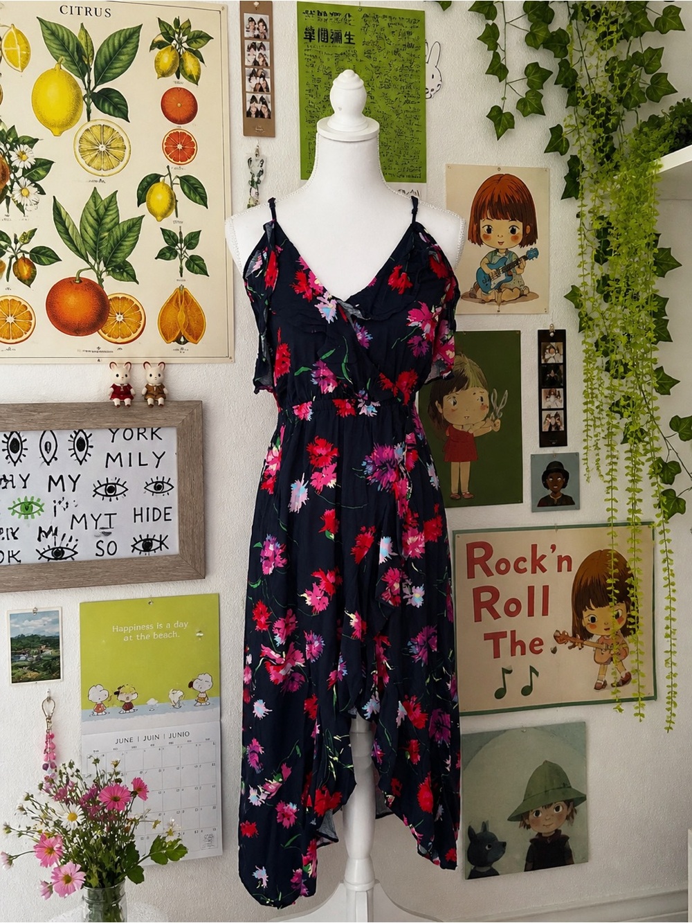 Floral V-Neck Navy Jumpsuit with Pink & Red Blooms